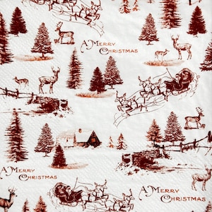 Vintage Christmas Decoupage Napkin with Santa Sleigh Reindeer and Winter Forest Scene, Thin Paper for Holiday Crafts Card Making 10&#39;&#39; 1PCs