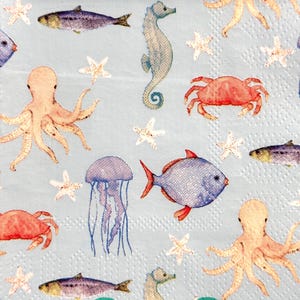 Sea Creatures Paper Napkin for Decoupage, Fish, Jellyfish, Octopus, Seahorse, Crab, Starfish — Ocean Sea Theme Craft Tissue paper 10'' 1PCS