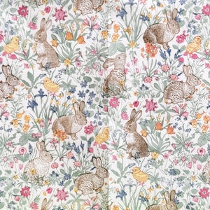 May include: A repeating pattern of brown rabbits and yellow chicks among colorful flowers and green foliage on a white background. The floral elements include pink, blue, and orange blossoms, creating a spring or Easter theme.