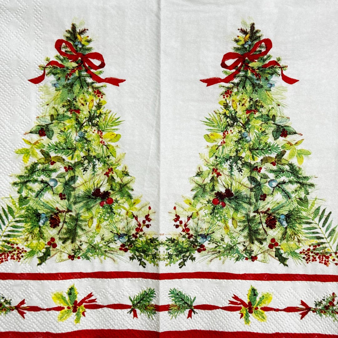 Christmas Greenery Tree With Red Ribbon Decoupage Paper Napkin, Thin ...