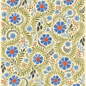 May include: A repeating pattern on a cream background featuring large blue daisy-like flowers with orange centers, smaller light blue blossoms, winding green leafy vines, and clusters of small orange berries arranged in a dense botanical design.