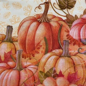 Zucche del raccolto autunnale, tovagliolo autunnale per decoupage, decorazioni del Ringraziamento, zucche arancioni, foglie vintage, 13"x13" di carta, forniture per decoupage