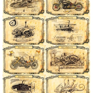 May include: A sheet of vintage paper featuring eight steampunk-themed illustrations. Each image is framed and depicts various mechanical contraptions, including vehicles and machines, with the word "Steampunk" at the top of each frame.