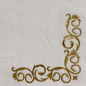 Élégante serviette en papier blanche avec motif d'angle baroque en feuille d'or pour découpage, scrapbooking, fabrication de cartes, décoration de mariage et travaux manuels, 13 pouces