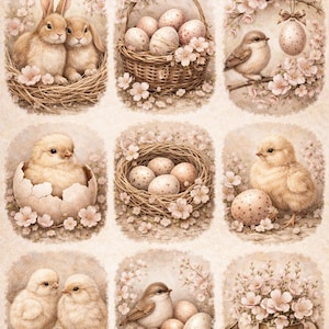 May include: A fabric pattern featuring nine distinct panels with illustrations of rabbits in a nest, a woven basket filled with speckled eggs, a bird on a branch, chicks hatching from eggs, nests with eggs, and floral arrangements in soft beige tones.
