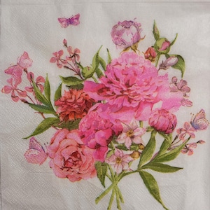 Pink Peony Floral Paper Napkin for Decoupage, Crafting, DIY Projects - 13&#39;&#39; 1PCS Vintage Rose Butterfly Design, Perfect Handmade Creations