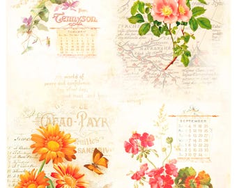 Papel de arroz con flores vintage para decoupage, calendarios de papel con citas de mariposas para manualidades, papel o cartulina, decoupage, scrapbooking, 18 x 28 cm