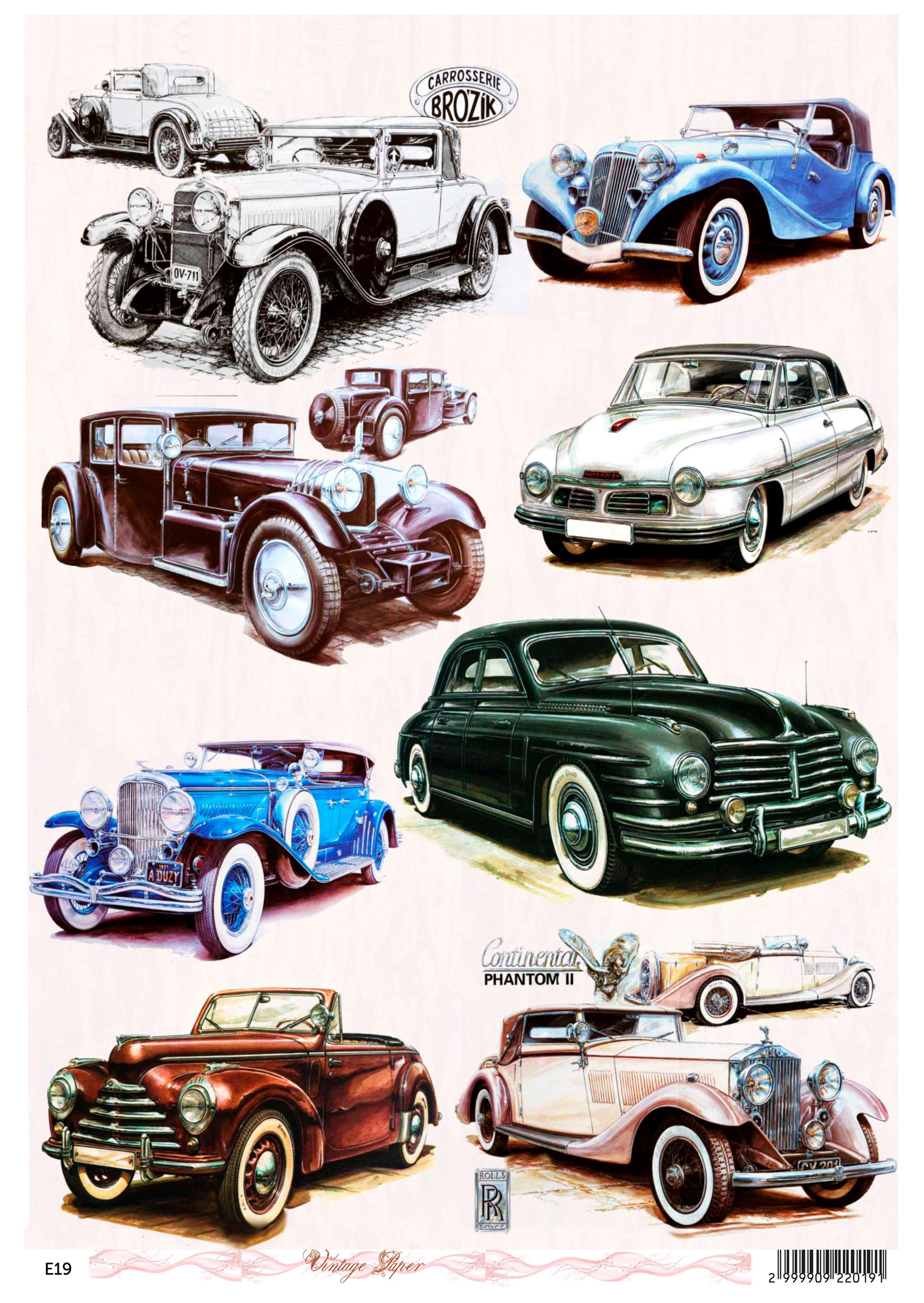 Cars Rice Printable Decoupage Rice Paper Vintage Classic Cars Auto Theme Retro Vehicles for ...