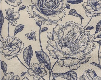 Vintage Blue Floral Napkin for Decoupage - Elegant Botanical Paper with Roses, Peonies, Lilies & Bees - DIY Crafts, Scrapbooking, Cardmaking