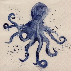 Servilleta de pulpo azul con acuarela para decoupage, diseño de animales marinos y oceánicos, papel náutico costero, decoración marina, 25 cm