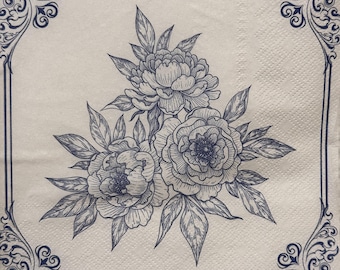 Vintage Blue Floral Paper Napkin for Decoupage, Scrapbooking, DIY Crafts – Elegant Peonies, Leaves, Ornate Frame decoupage napkins 13x13 In
