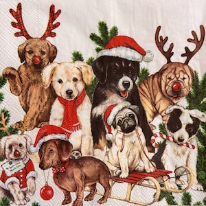 Guardanapo de papel com estampa de cachorros de Natal para decoupage, scrapbooking, artesanato DIY - Chapéus de Papai Noel com design festivo, chifres, acessórios de inverno 13x13''