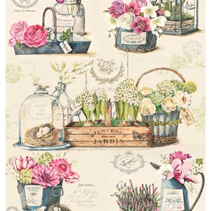May include: A vintage-style collage featuring floral arrangements. Includes a glass cloche with a bird and nest, a blue metal container with pink flowers, and a wooden crate with the text "Bienvenu dans mon Jardin."