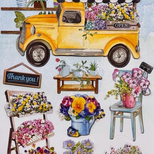 Vintage bloemen vrachtwagenstickers set 8 stuks 3D pop-upstickers voor scrapbooking, kaarten maken, journaling, knutselen, woondecoratie, cadeauverpakking
