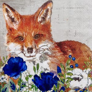 Tovagliolo di carta volpe per decoupage carta di riso 10x10 pollici foglio singolo volpe rossa e fiori blu tovagliolo fornitura artigianale animali del bosco tessuto sottile