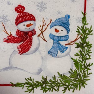 Serwetka papierowa do decoupage&#39;u z bałwanem świątecznym - 8 bałwanów w czerwonych niebieskich kapeluszach z wiecznie zieloną obwódką - 13x13&#39;&#39; serwetka do majsterkowania i dekoracji świątecznych