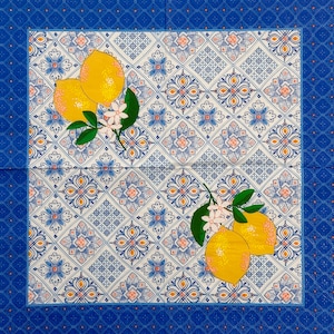 Serviette de table citron pour décoration estivale, motif carreaux bleus, fleurs d'agrumes, papier de style méditerranéen pour travaux manuels, art de serviette de scrapbooking 13 pouces