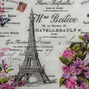 Élégante serviette en papier pour découpage Tour Eiffel de Paris avec écriture florale vintage et française - Papier de riz France 33 cm pour la fabrication de cartes de réservation de ferraille