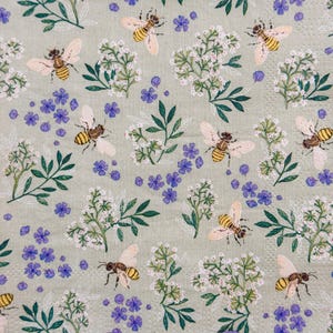 Serviette en papier printanière abeilles et fleurs sauvages pour découpage, fournitures d'artisanat en papier fin avec abeilles et motif floral pour découpage DIY 13 po.