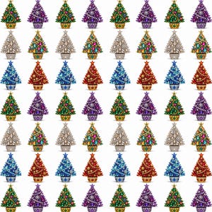 May include: A grid of miniature decorative Christmas tree figurines in various colors including red, blue, green, purple, and silver. Each tree is adorned with small sparkling rhinestones and sits in a small, textured pot with a star on top.