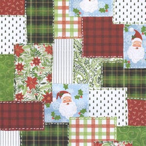 Puede incluir: Un diseño de patchwork con motivos navideños. Los cuadrados muestran ilustraciones de Papá Noel, patrones de cuadros rojos y verdes, flores de pascua y árboles de Navidad blancos sobre un fondo blanco. La paleta de colores es roja, verde y blanca.