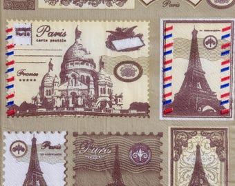 Vintage Paris France Decoupage Paper Napkin with Eiffel Tower Stamps and Sacré-Cœur Cathedral for Scrapbooking Cardmaking Decoupage Napkin