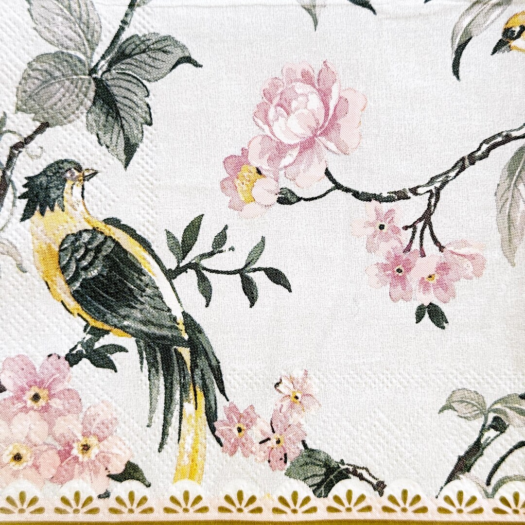 Vintage Birds Floral Branch Decoupage Paper Napkin, Spring Blossom Pink ...