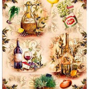 Może przedstawiać: Ilustracja w stylu vintage z elementami kulinarnymi. Przedstawia szklaną butelkę oliwy z oliwek, butelki wina, kieliszek wina i kosz z ziołami. Inne elementy to oliwki, cebule i słoik pomidorów. Tło ma dekoracyjny wzór.