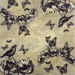 Serviette de table vintage oiseaux et papillons, 33 x 33 cm - Motif floral beige noir pour travaux manuels, scrapbooking, projets décoratifs Cadeau