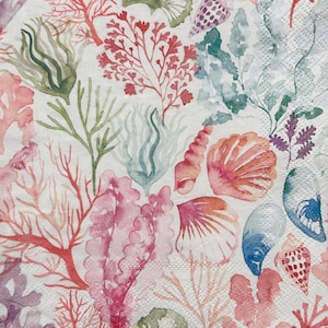 Servilleta de arrecife de coral submarino para decoupage, scrapbooking, tarjetas, conchas de verano, algas marinas, vida marina, manualidades costeras, decoración DIY de 13''