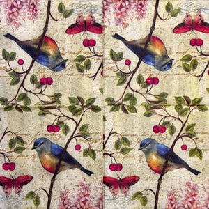 May include: A vintage-style design featuring two blue birds perched on branches with pink flowers and butterflies. The background is a cream color with a subtle pattern.