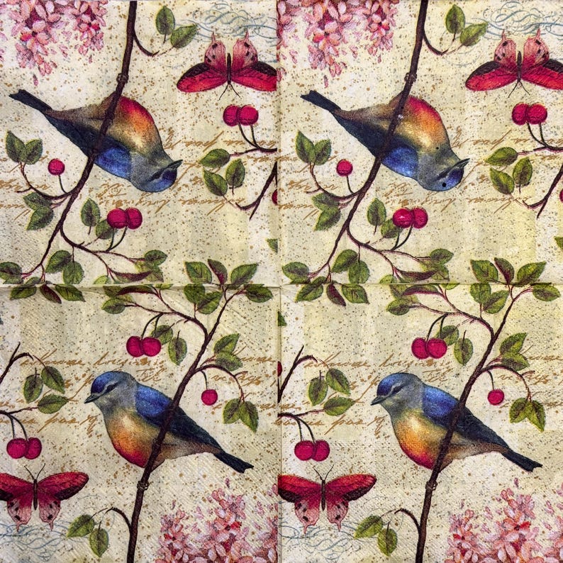 May include: A vintage-style design featuring two blue birds perched on branches with pink flowers and butterflies. The background is a cream color with a subtle pattern.