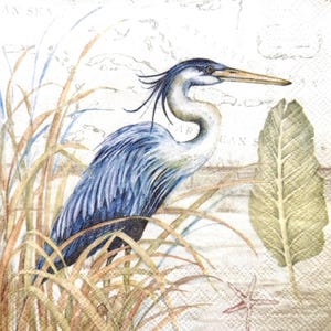 Papierserviette Reiher im Küstengras mit Blättern und Seekarte Hintergrund für Decoupage Sommer Küstendekor, Scrapbooking 10''1Stk
