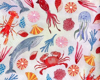 Serviette de table à découper Summer Ocean Sea Life, motif animaux marins Crabe Homard Baleine Méduse Coquille Scrapbooking nautique Papier artisanal 10 pouces 1 pièce