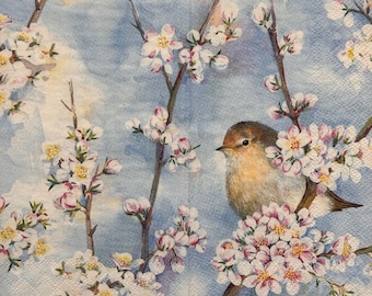 Decoupage Paper Napkin with Birds and Cherry Blossoms for Spring Crafts, Thin Tissue for DIY Decoration, Scrapbooking, Card Making 16'' 1PCS