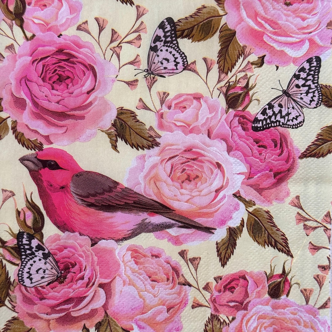 Vintage Pink Roses and Birds Paper Napkin for Decoupage Scrapbooking ...