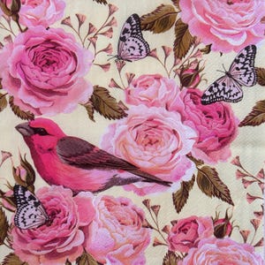 Serviettes en papier roses roses et oiseaux vintage pour découpage, scrapbooking, fabrication de cartes, technique mixte, 13 x 13 pouces, tissu fin simple, papillon