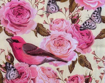 Vintage Pink Roses and Birds Paper Napkin for Decoupage Scrapbooking Card Making Mixed Media Art 13&quot;x13&quot; 1PCS Thin Tissue Butterfly Design