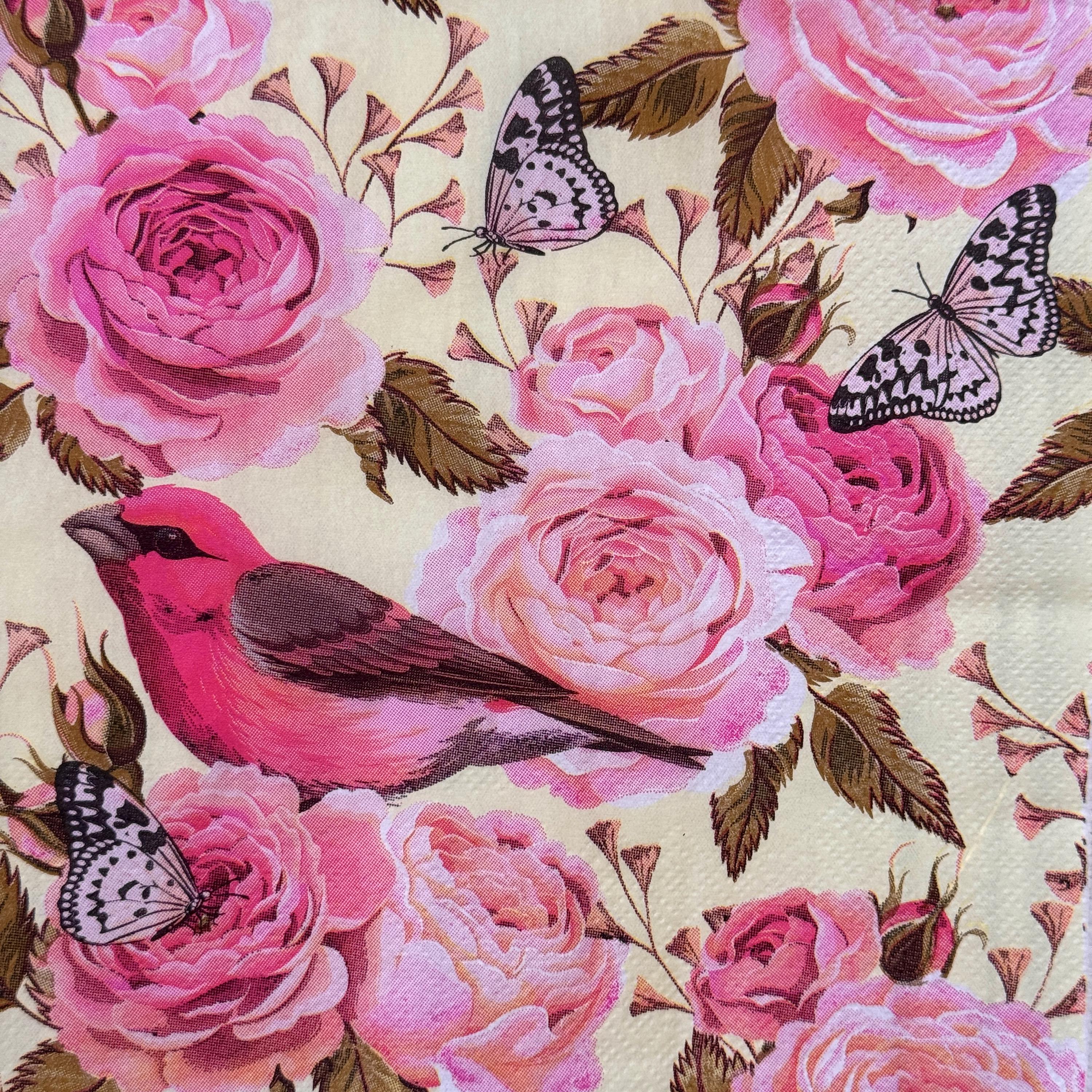 Vintage Pink Roses and Birds Paper Napkin for Decoupage Scrapbooking ...