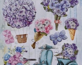 Hydrangea Lilac Flower Scooter Ice Cream Balloon Cup Pop-Up Stickers Set – 9 PC Puffy Paper Stickers for Scrapbooking, Journals, Cardmaking