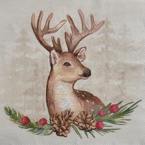 Renne de Noël avec pommes de pin et baies Serviette de découpage pour travaux manuels d'hiver Scrapbooking Fabrication de cartes Collage Projets DIY 13 pouces