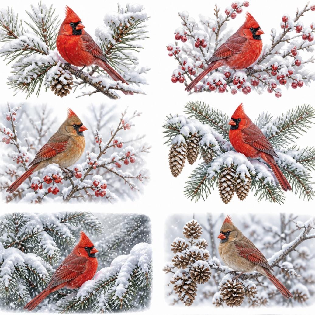 Cardinal Rice Cardinal Decoupage Rice Paper, Winter Birds Snowy Pine Branches Red ...