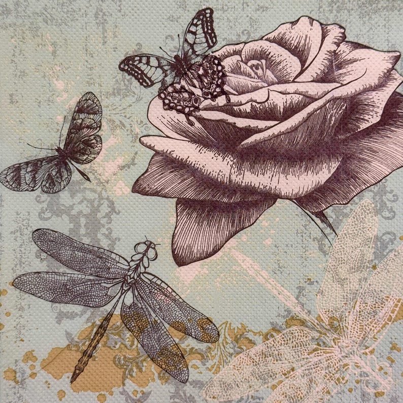 Vintage Roses and Dragonflies Paper Decoupage Napkin - 13x13 Inch for ...
