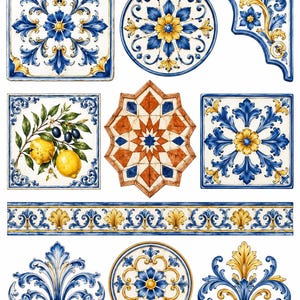 May include: A collection of ceramic tiles featuring various shapes and patterns, including blue and yellow floral motifs, a square tile with lemons and olives, a star-shaped geometric tile, a long rectangular border, and two fleur-de-lis accents.