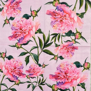Pink Peony Flower Decoupage Napkin Thin Paper with Blooming Peonies Buds for Spring Wedding Crafts Decoupage Scrapbooking Decor 13&#39;&#39; 1pcs