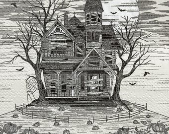 Serwetka papierowa z motywem nawiedzonego domu na Halloween do decoupage'u z upiornym czarno-białym wzorem: dyniami, pełnią księżyca, nietoperzami i drzewami, do samodzielnego wykonania, 10 cali, 1 szt.