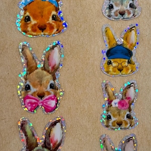 Holografisches 3D Puffy Aufkleber-Set - Niedliche Hasen-Gesichter, glitzernde Kaninchen-Aufkleber, Ostern-Aufkleber für Scrapbooking, Bastelkarten