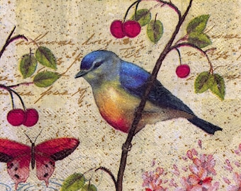Vintage Decorative Paper Napkin with Colorful Birds, Cherries, Butterflies, and Floral Design for Decoupage, Scrapbooking, DIY Crafts 1PCS