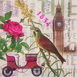 Vintage London Big Ben Papierserviette, Vogel Rose Blume Auto Nest Reise-Thema Decoupage Papierservietten für Handwerk Scrapbooking Collage 13 ''