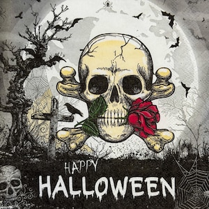 May include: A white skull with crossed bones and a red rose in its mouth. The skull is set against a background of a dark forest with a full moon and spiderwebs. The text "Happy Halloween" is written below the skull.